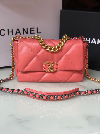 Ch*el 19 handbag shiny pink gold-tone, silver-tone & ruthenium-finish metal 6.2 × 10.1 × 3.5 in