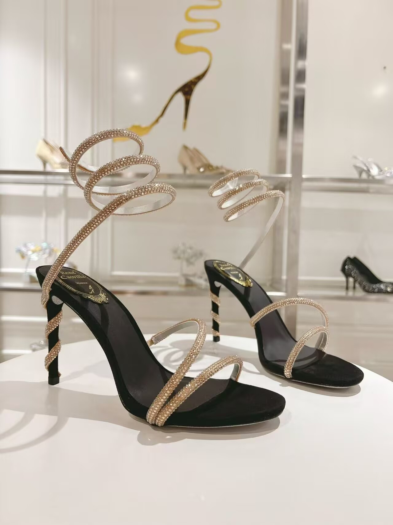 UA RENÉ CAOVILLA MARGOT BLACK JEWEL SANDALS SNAKE 95mm
