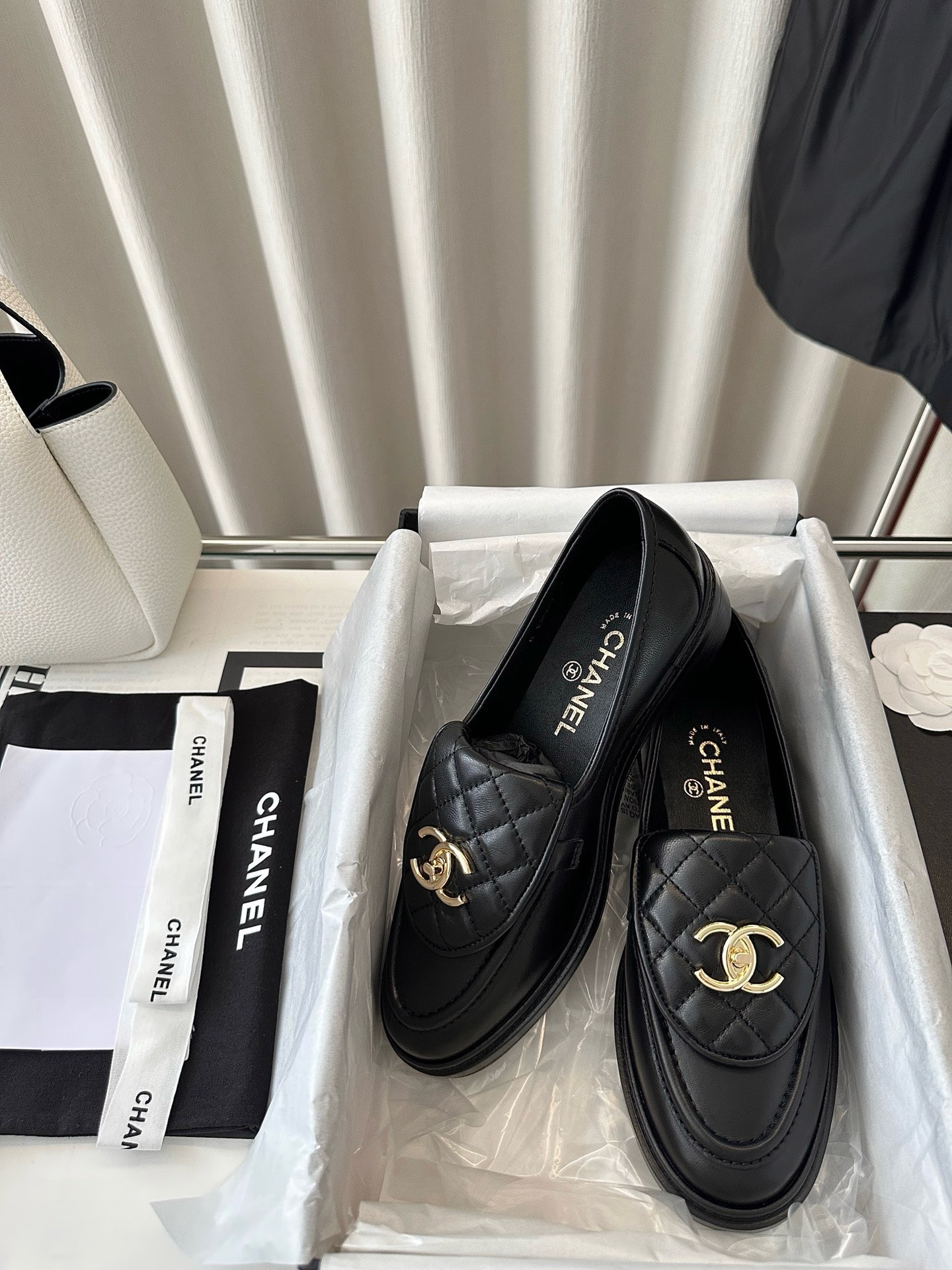 Ch*el quilted tab loafers black leather