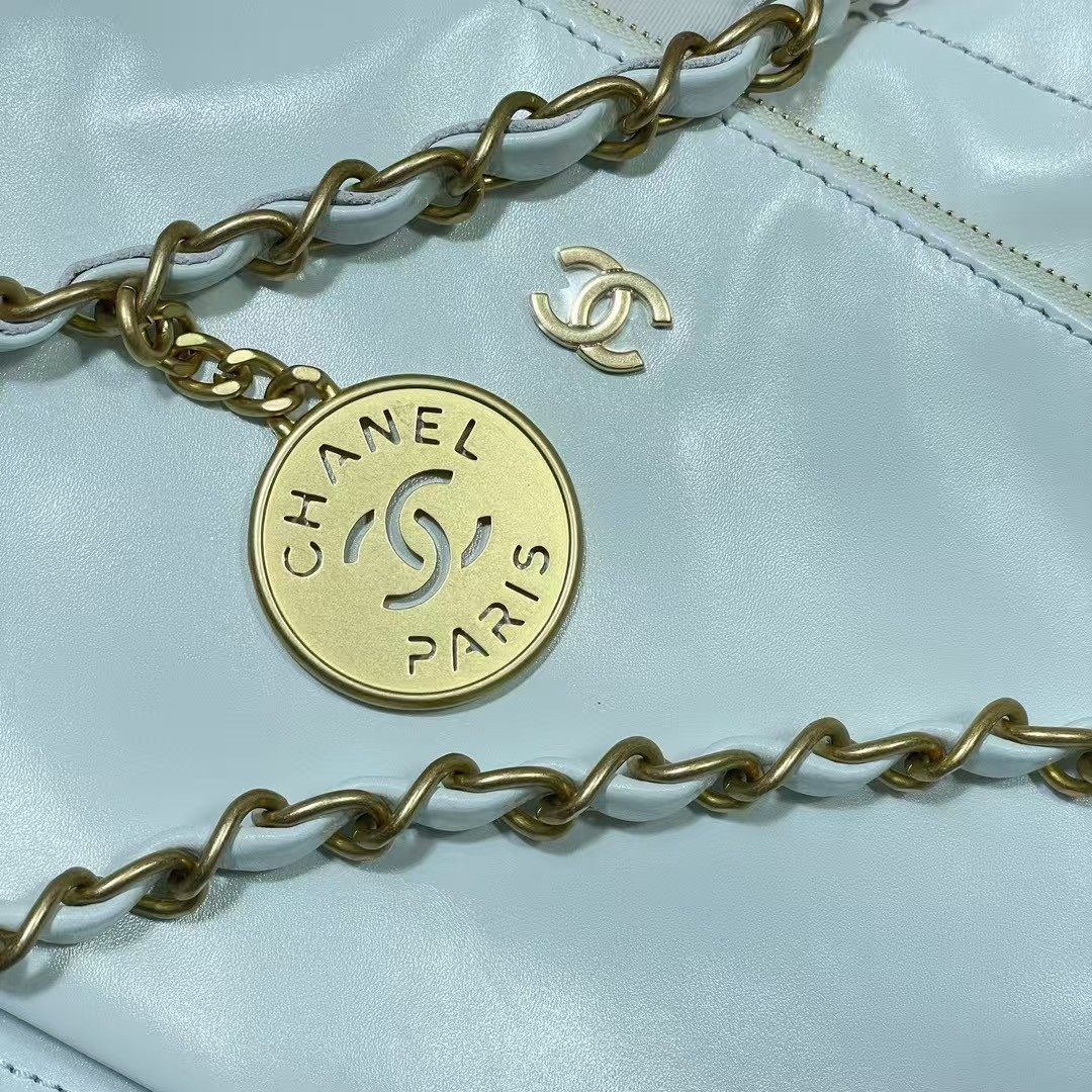 Ch*el 22 small handbag shiny calfskin light blue 37x35x7cm