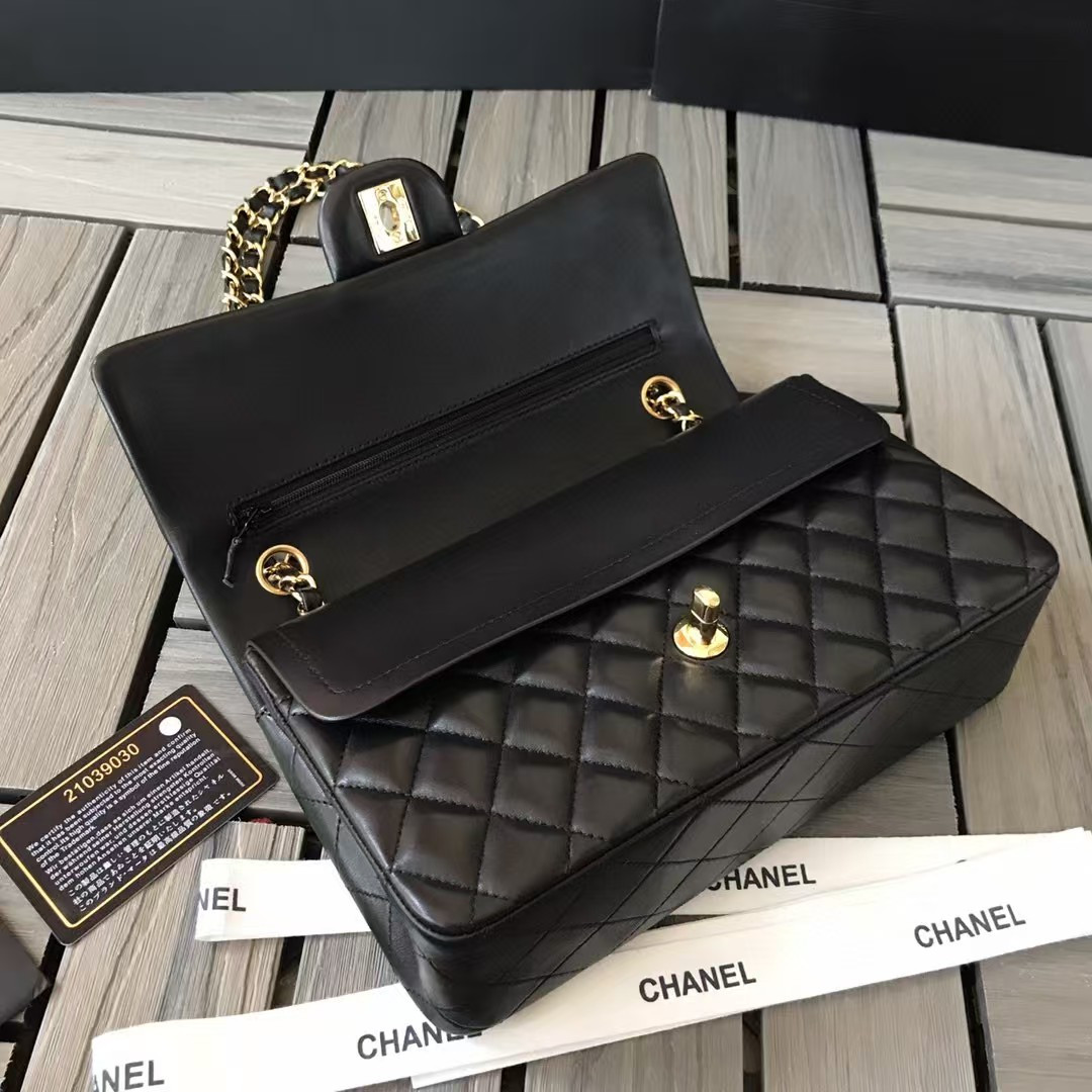 Ch*el small classic handbag gold metal black 14.5×23×6cm