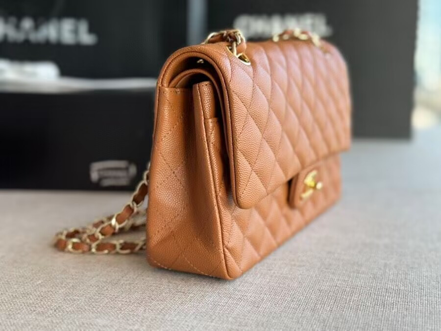 Ch*el classic handbag in grained litchi pattern calfskin & gold-tone metal 6 × 9.9 × 2.5 inches
