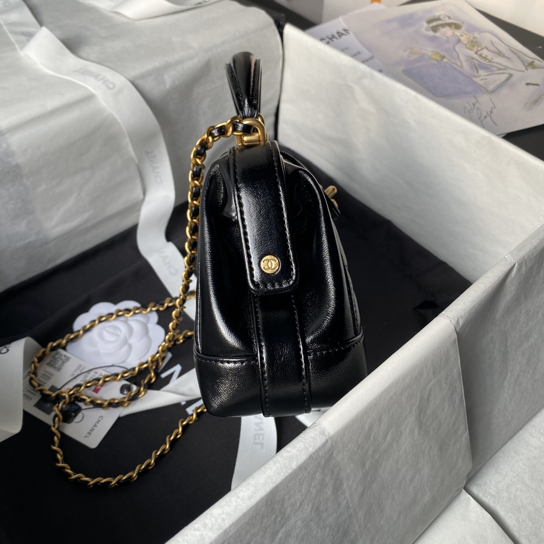 Ch*el mini bag with top handle shiny lambskin & gold-tone metal black 12 × 18 × 7 cm