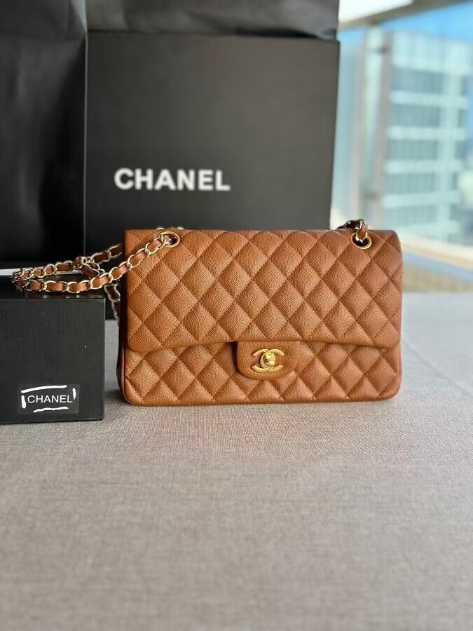 Ch*el classic handbag in grained litchi pattern calfskin & gold-tone metal 6 × 9.9 × 2.5 inches
