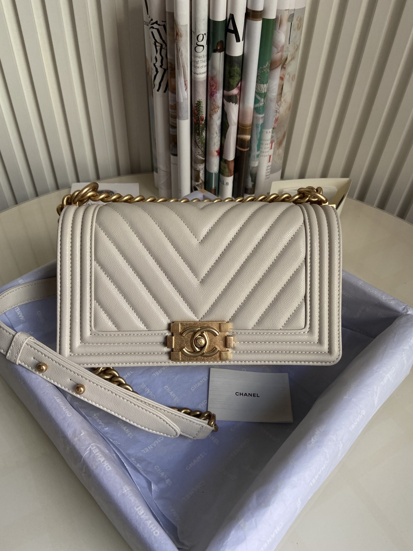 boy Ch*el handbag shiny grained calfskin & gold-tone metal beige 5.9 × 9.8 × 3.5 in