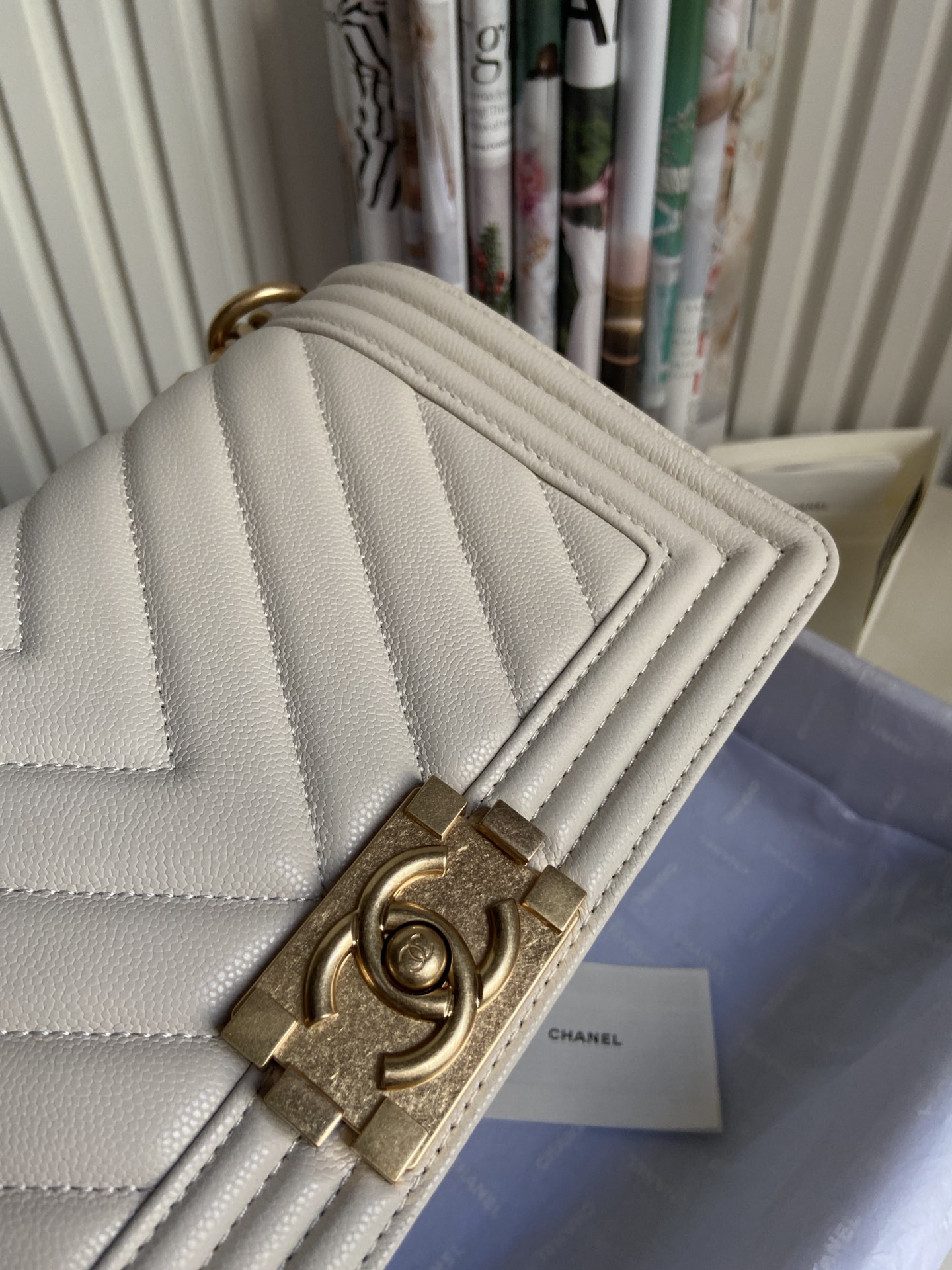 boy Ch*el handbag shiny grained calfskin & gold-tone metal beige 5.9 × 9.8 × 3.5 in