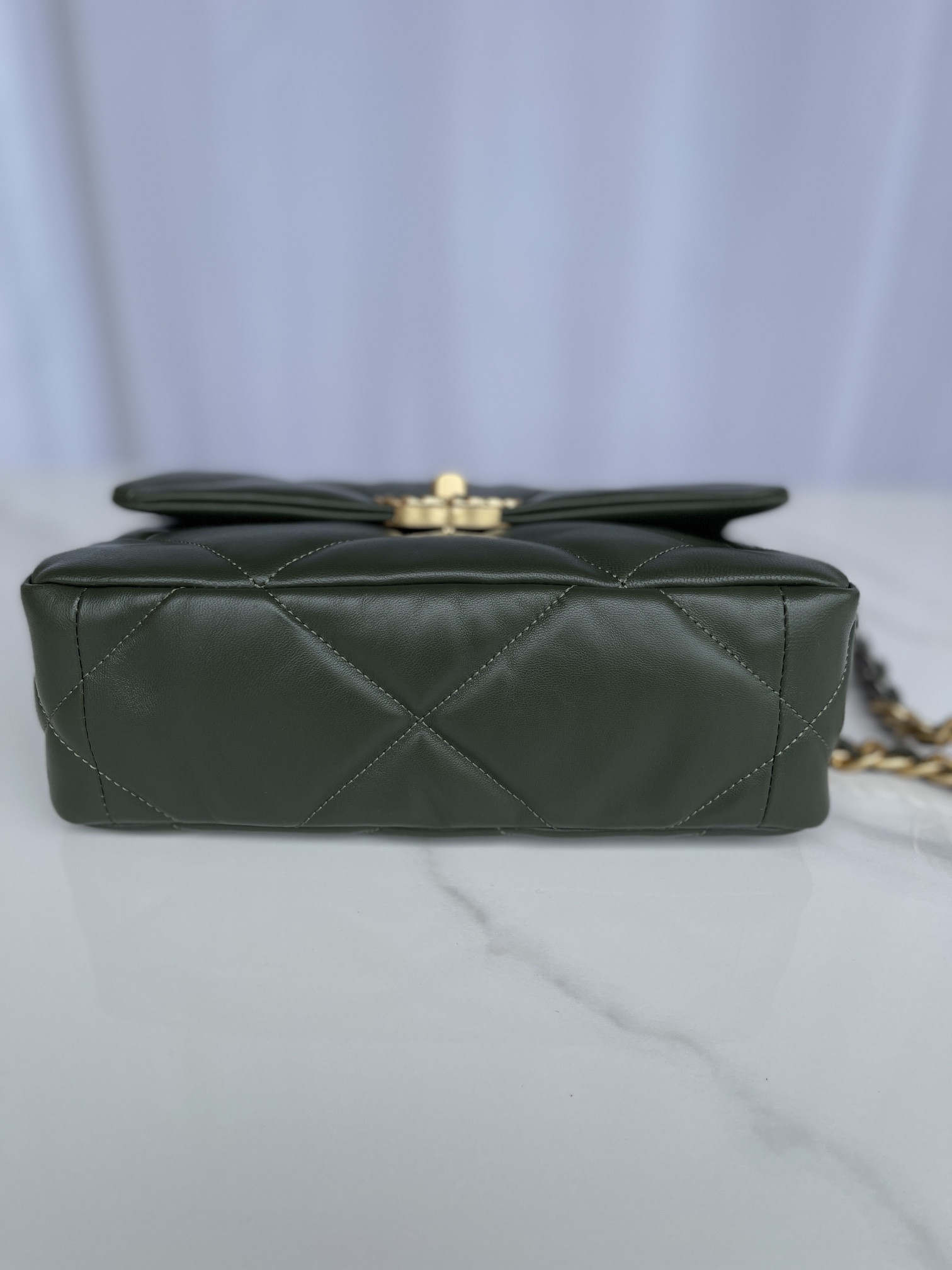 Ch*el 19 handbag shiny leather, gold-tone, silver-tone & ruthenium-finish metal dark green 6.2 × 10.1 × 3.5 in