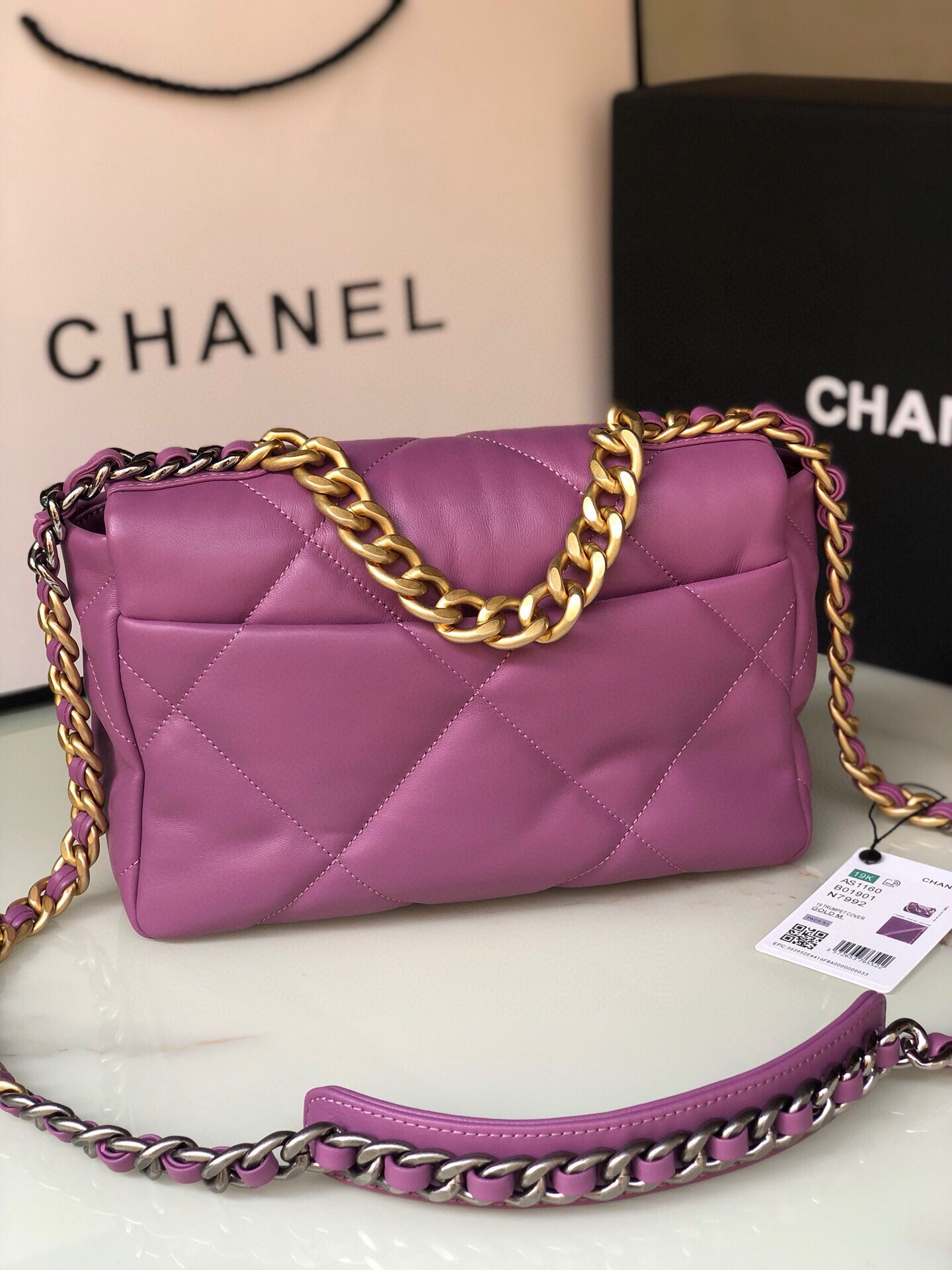 Ch*el 19 handbag shiny leather, gold-tone, silver-tone & ruthenium-finish metal purple 6.2 × 10.1 × 3.5 in
