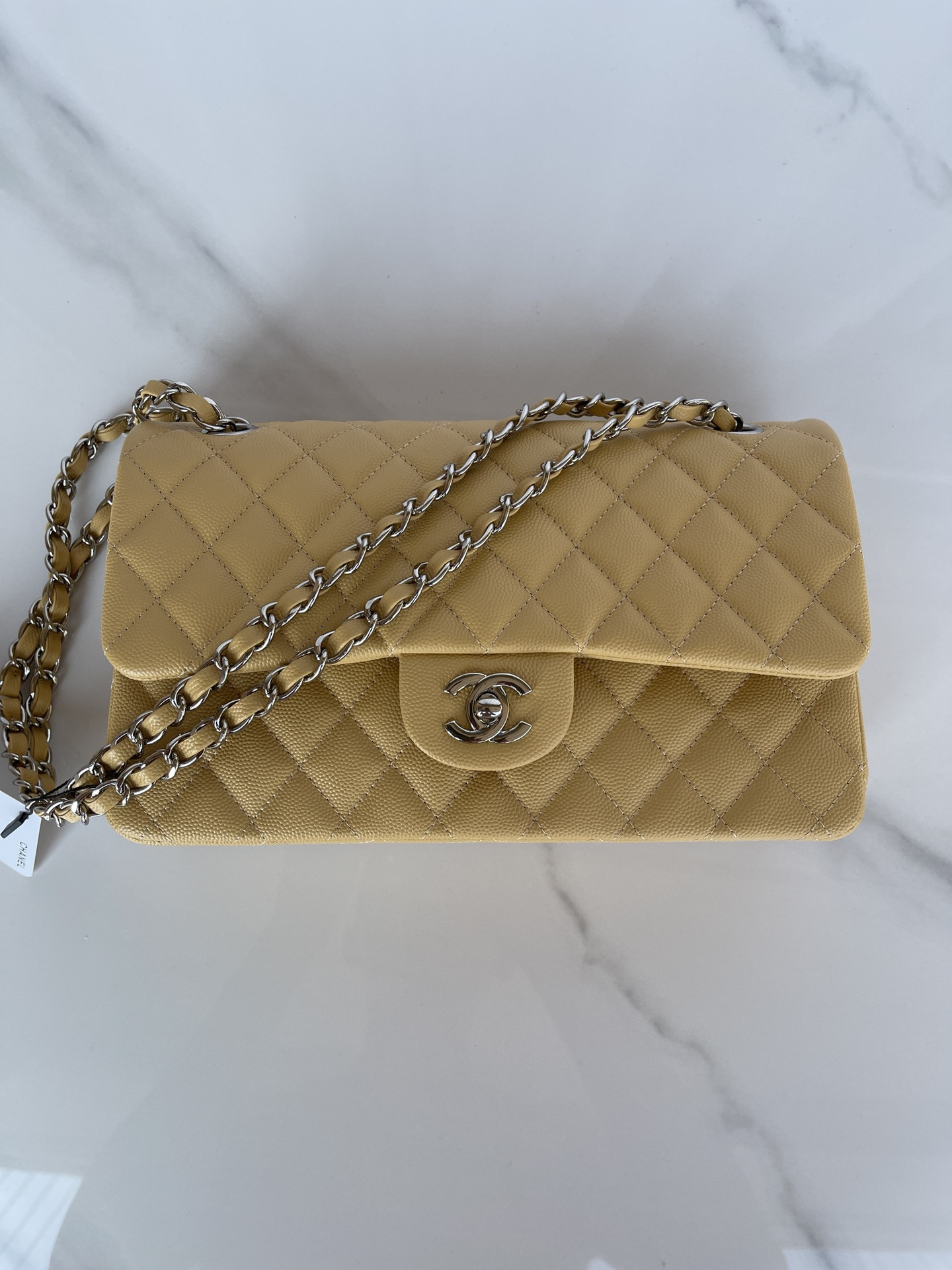 Ch*el classic handbag grained calfskin & silver-tone metal yellow 6 × 9.9 × 2.5 in