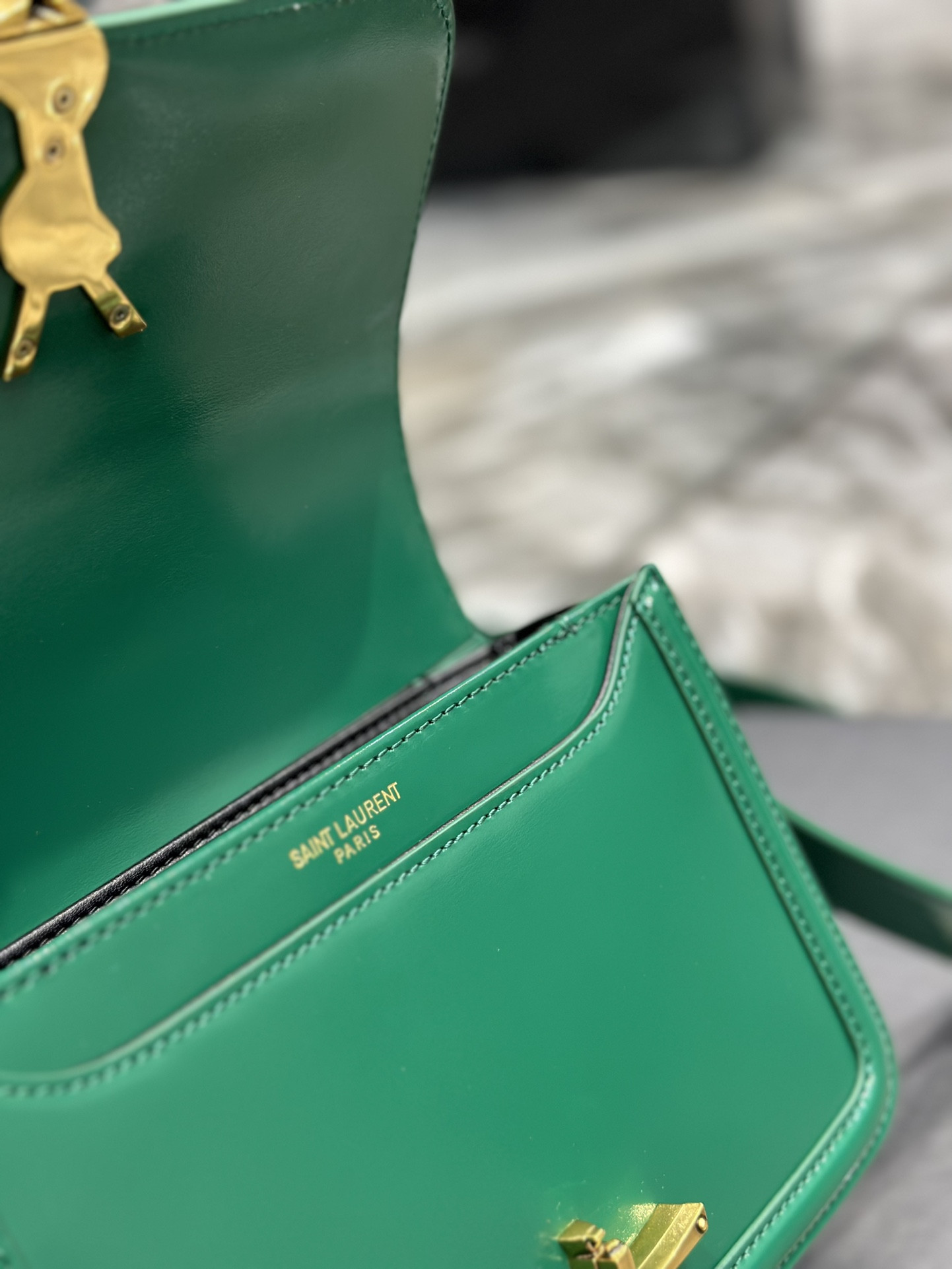 y*l solferino small satchel in box Sa**t Lau*nt green 7.4 x 5.1 x 1.9 inches