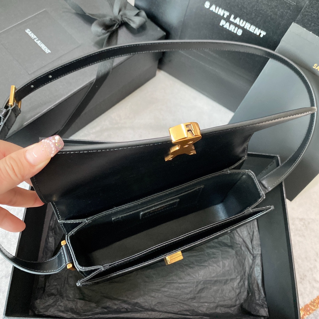 y*l solferino medium satchel in box Sa**t Lau*nt black 9.1 x 6.3 x 2.4 inches
