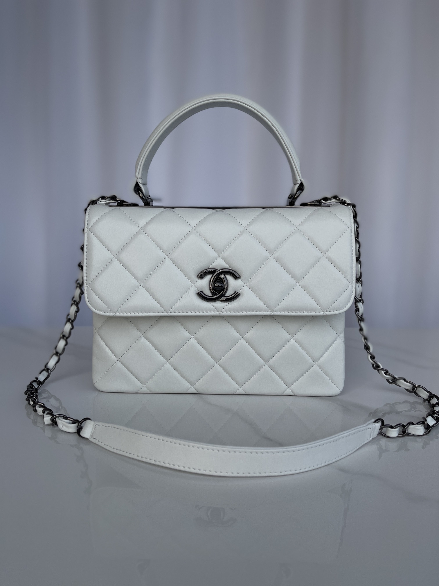 Ch*el flap bag with top handle white 6.6 × 9.8 × 4.7 in