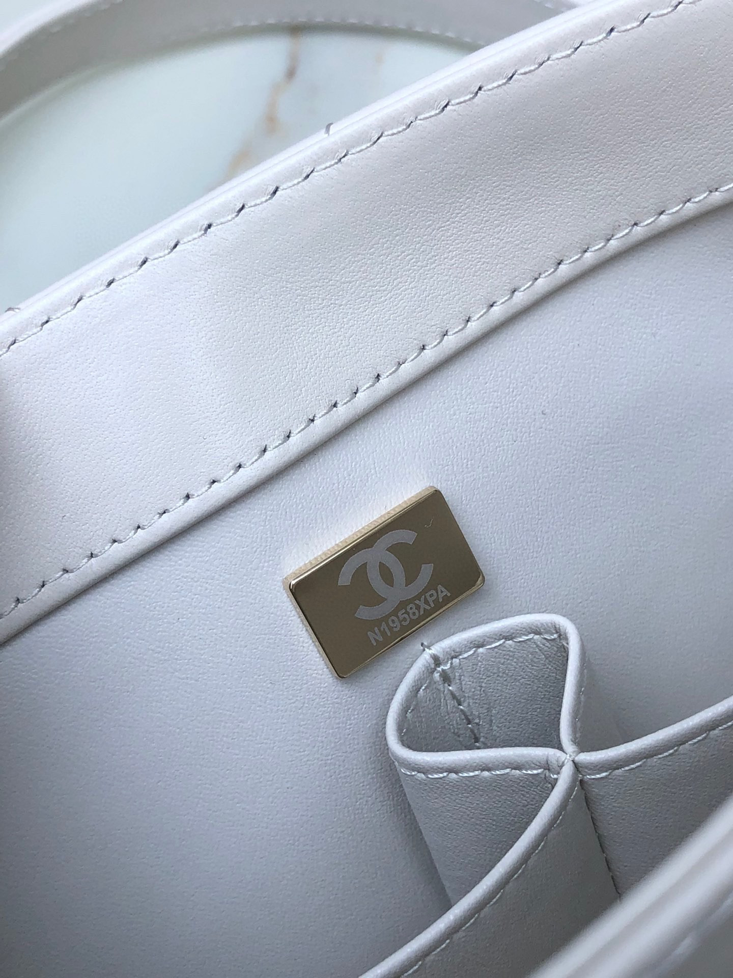 Ch*el flap bag with top handle white 6.6 × 9.8 × 4.7 in