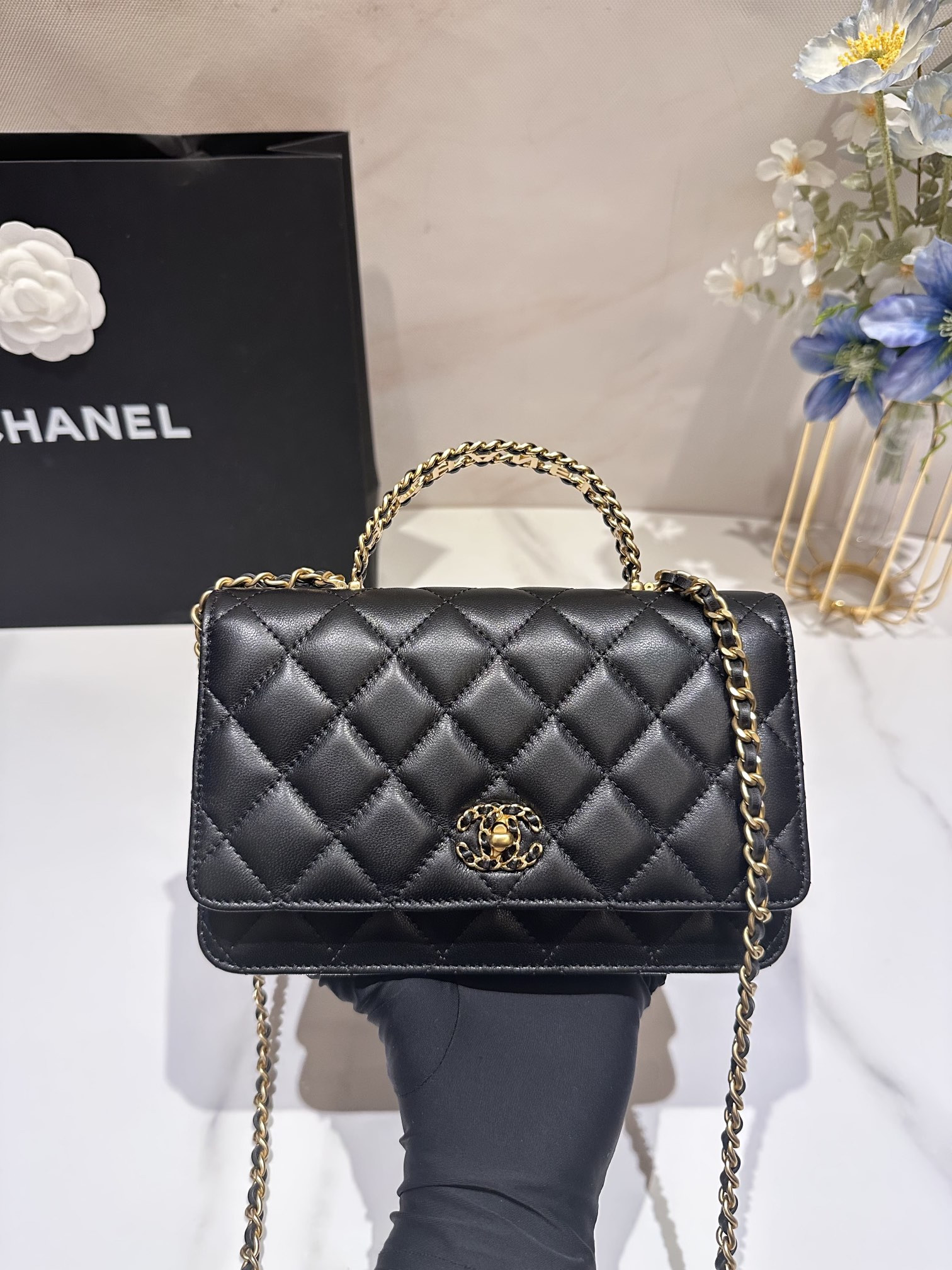 Ch*el classic wallet on chain rhinestone handle 4.8 × 7.5 × 1.4 in