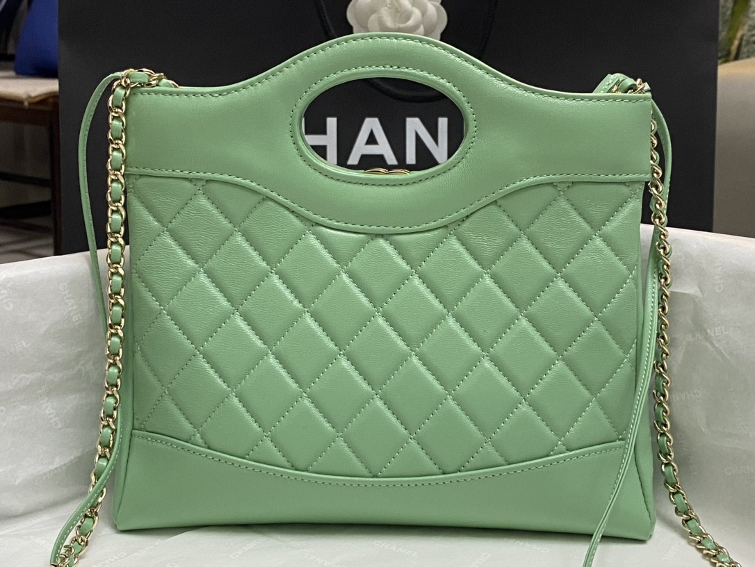 Ch*el mini shopping bag shiny lambskin & gold-tone metal light green 22x23x5.5cm