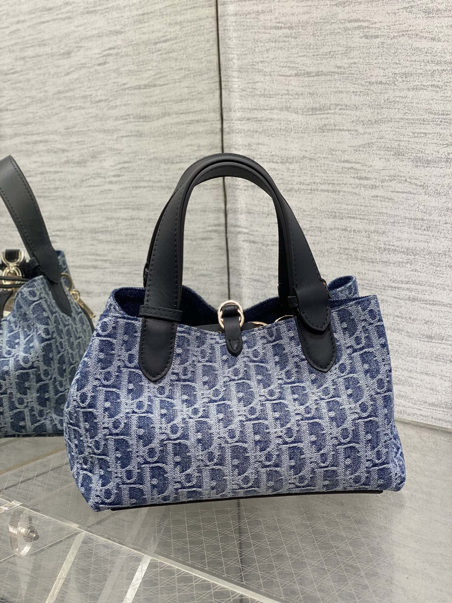 small D*or toujours bag  blue denim D*or oblique jacquard 23 x15 x15cm