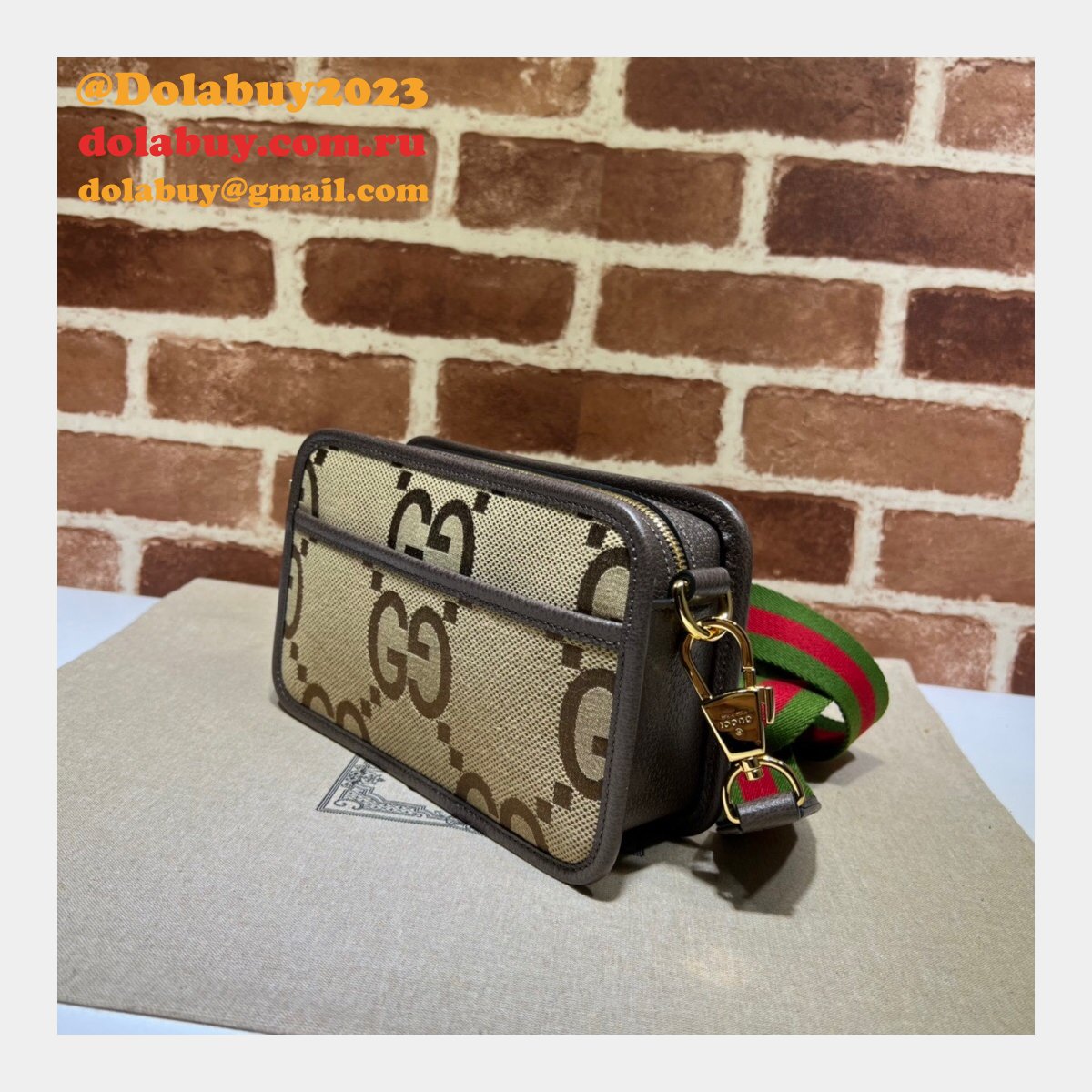 Gucci Perfect 696075 Copy Jumbo GG mini bag in camel and ebony GG canvas