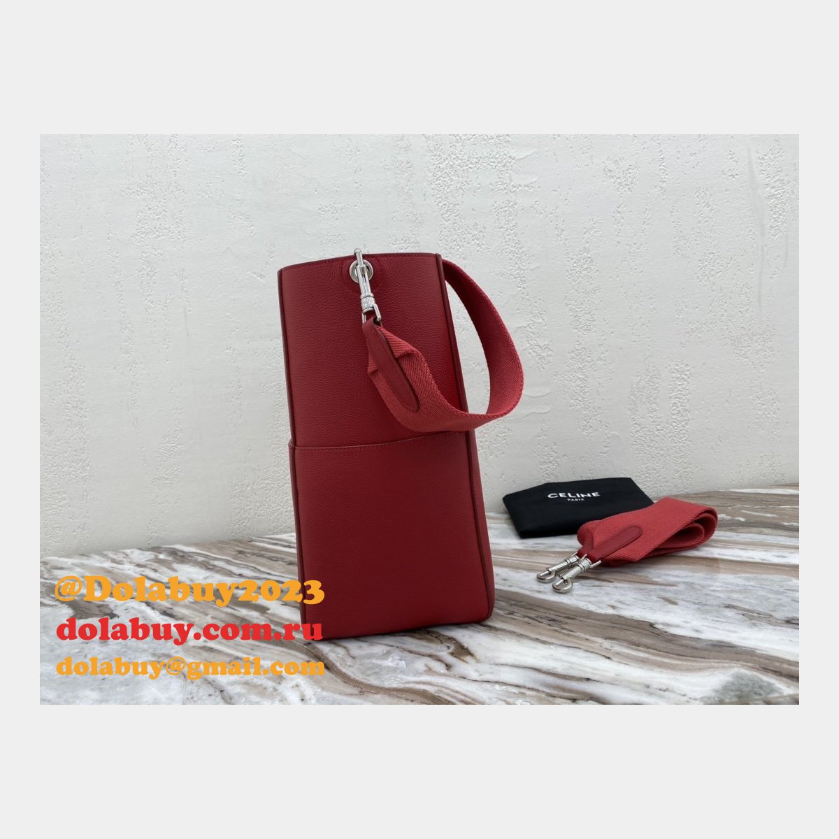 Discount Celine Sangle Seau Bucket Bag Red Calfskin