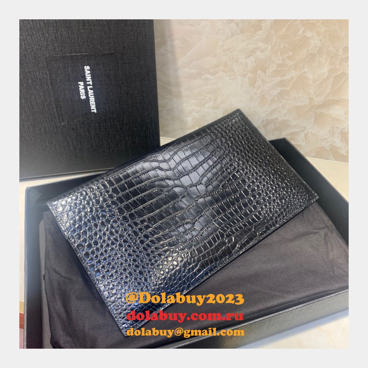 YSL Top Quality Clutch in embossed crocodile shiny black leather