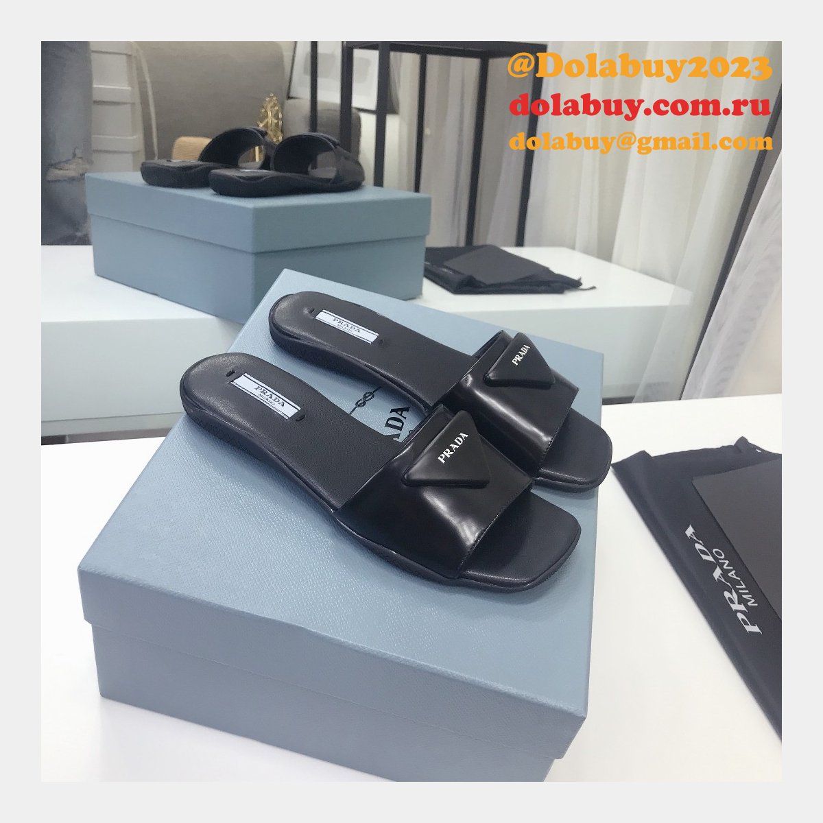 Replica  Prada Leather Logo Flat Slide Sandals