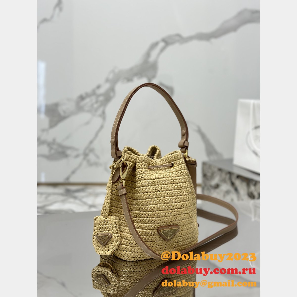 Top Quality Prada Woven drawstring bucket bag 1BE068