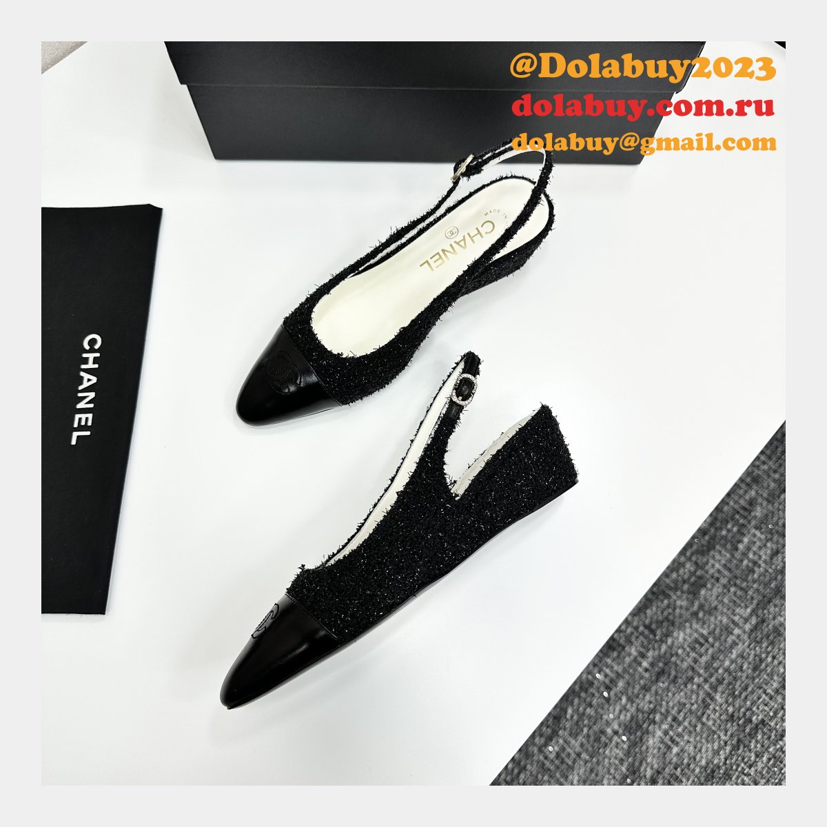 Cotton Tweed Lambskin White Black Slingbacks Shoes