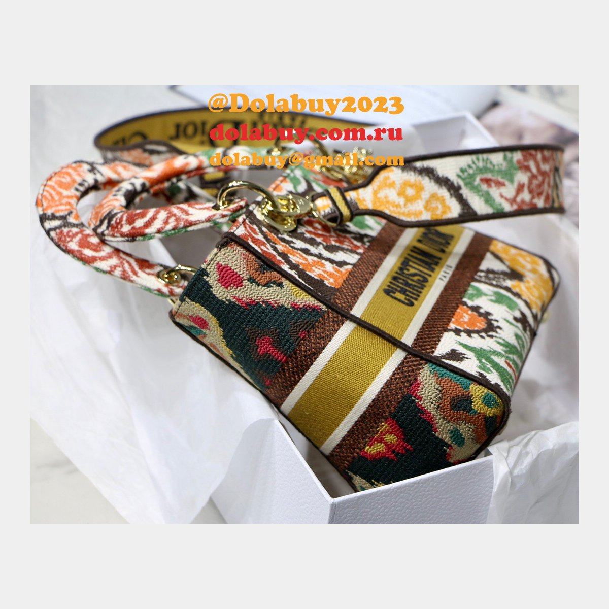 Lady Knockoff Dior 24cm Yellow Multicolor Christian Paisley Embroidery