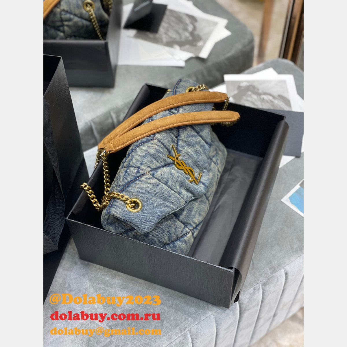 Saint Laurent Cheap Toy Loulou Puffer Matelassé Denim Bag