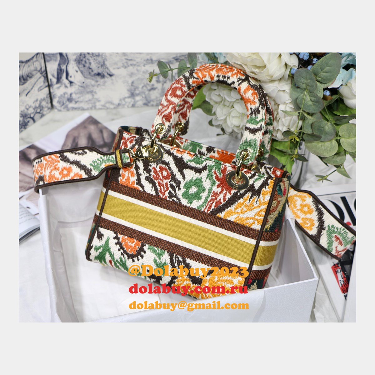 Lady Knockoff Dior 24cm Yellow Multicolor Christian Paisley Embroidery