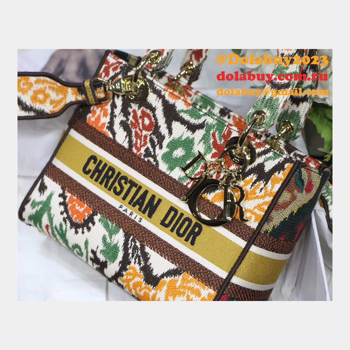 Lady Knockoff Dior 24cm Yellow Multicolor Christian Paisley Embroidery
