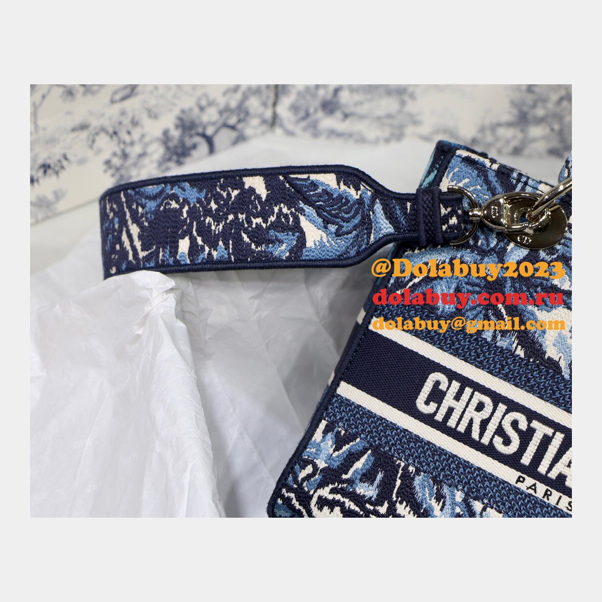 Blue Top QualityLady Dior 24cm Palms Embroidery Lady D-Lite Bags