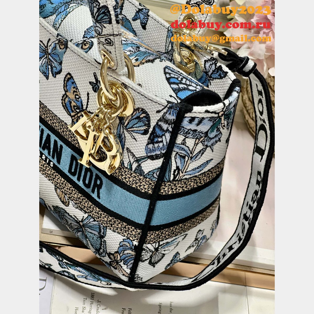 Blue/Pink Christian Dior Fake 9027 Five Grid Embroidery Lady Bag
