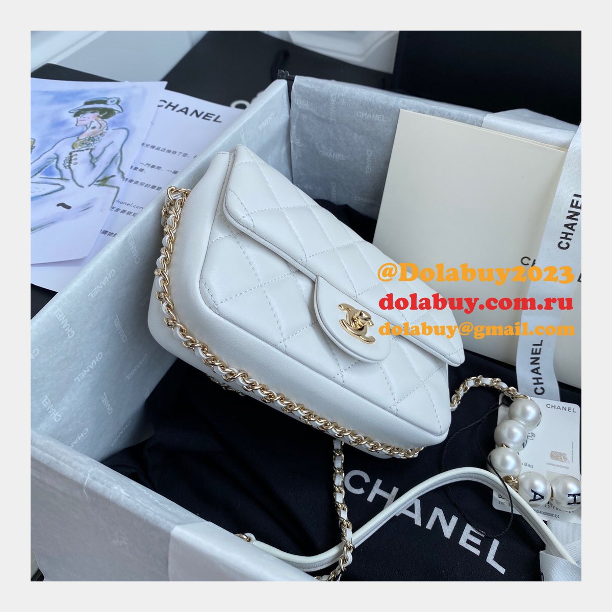 CC Replica Pearl CF Classic Flap 18cm Black/White Bags