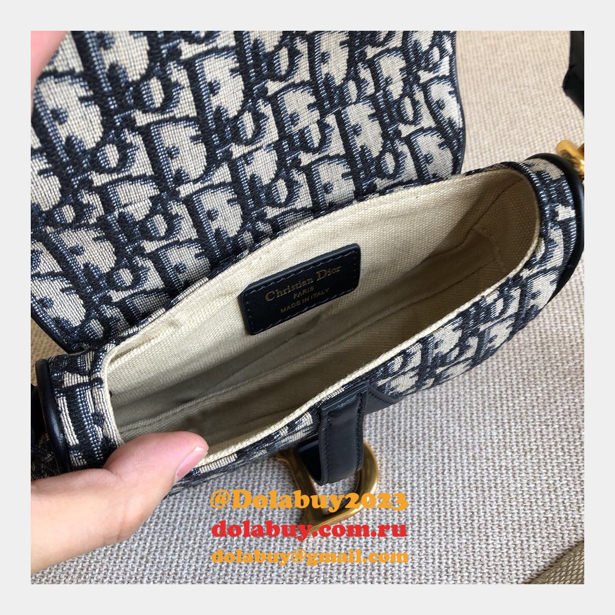 Replica Christian Dior Saddle Bag Grained Blue Oblique Jacquard