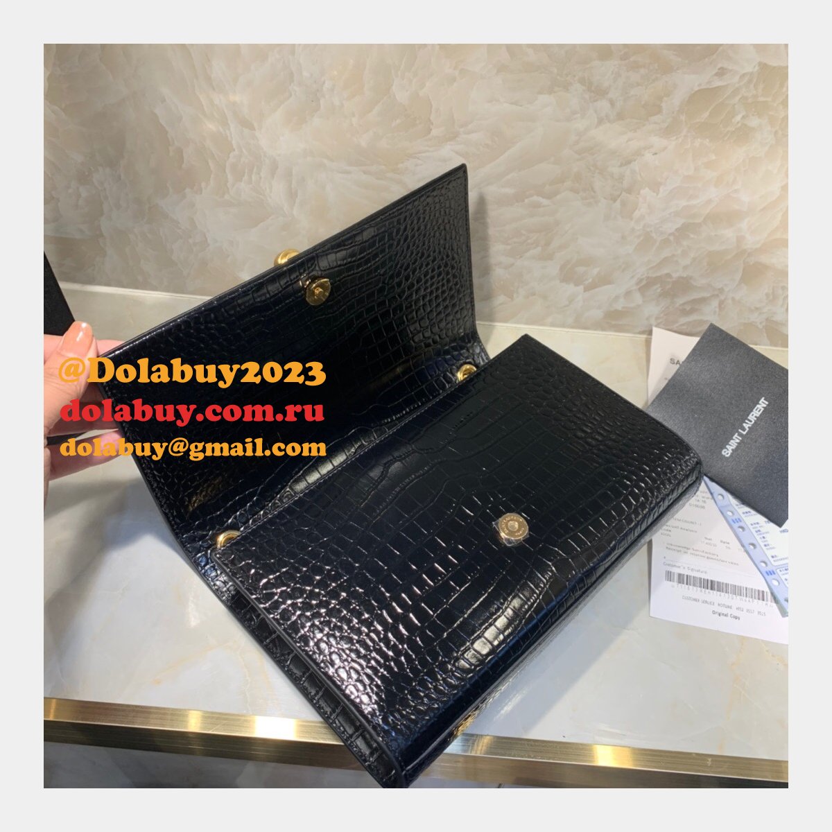YSL Cheap Saint Laurent Crocodile pattern 24cm Black Bag
