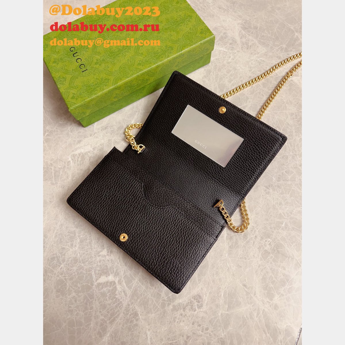 TOP LUXURY GUCCI REPLICAS 497985 MARMONT LEATHER MINI CHAIN WALLETS BAG