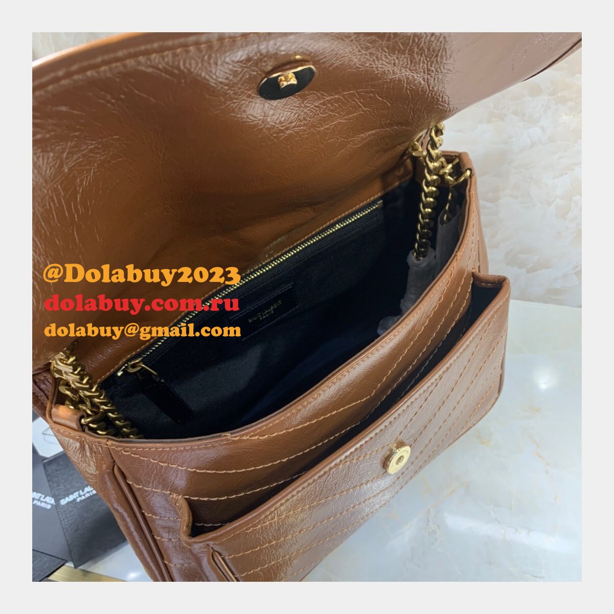 Buy Online YSL Nikki 28cm 498894 Stitch Flap Brown Bag