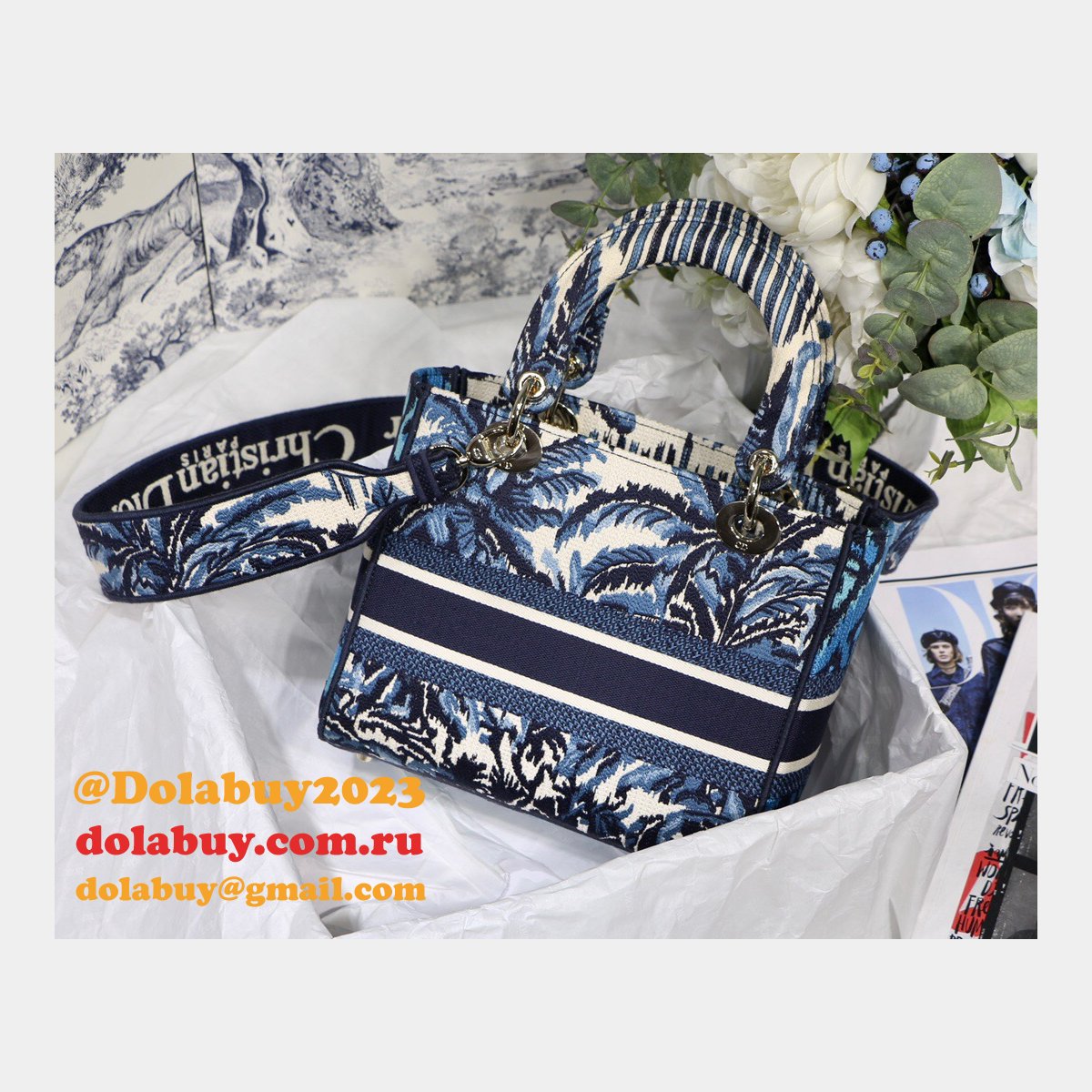 Blue Top QualityLady Dior 24cm Palms Embroidery Lady D-Lite Bags