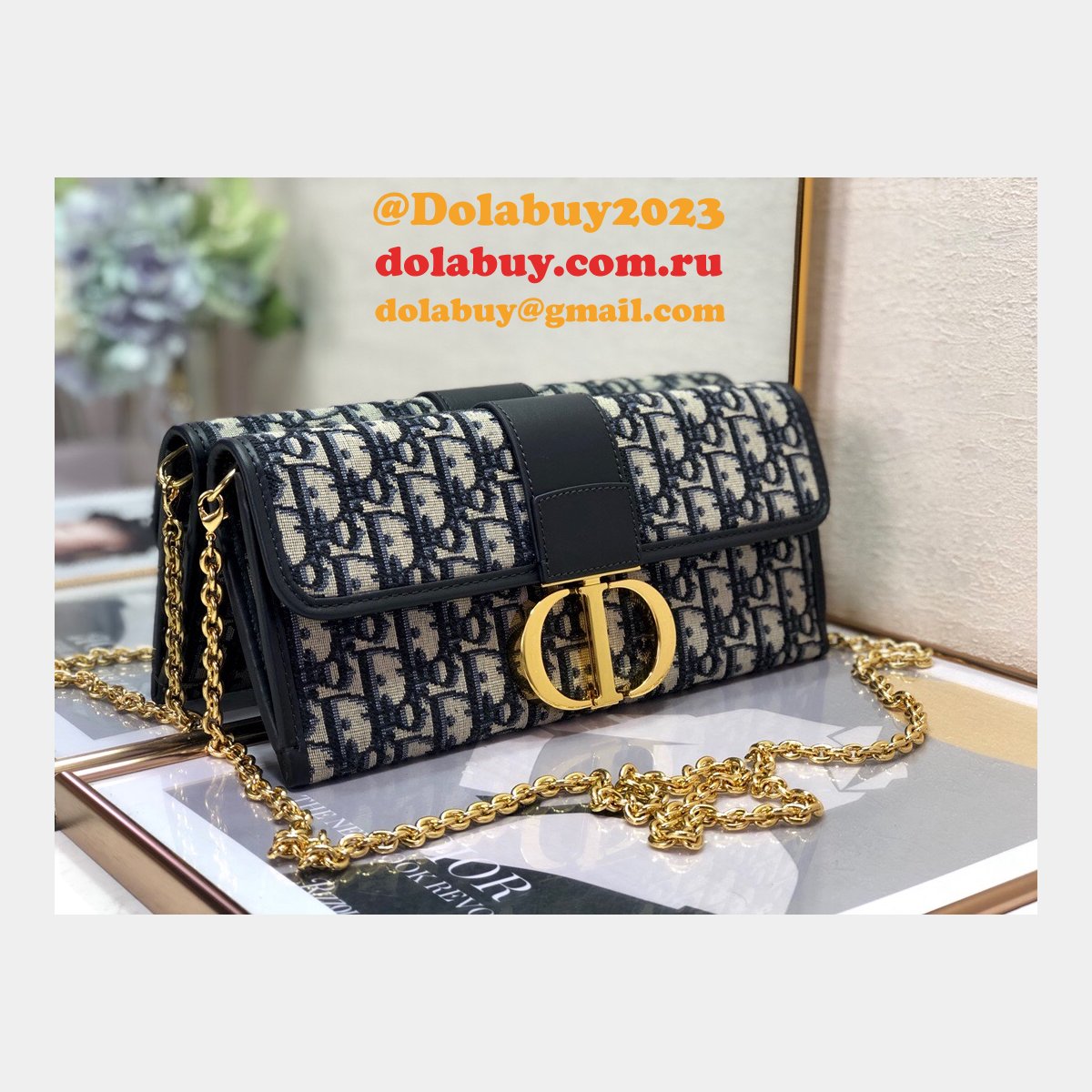 Replica Dior Oblique Saddle Chain Wallet Blue