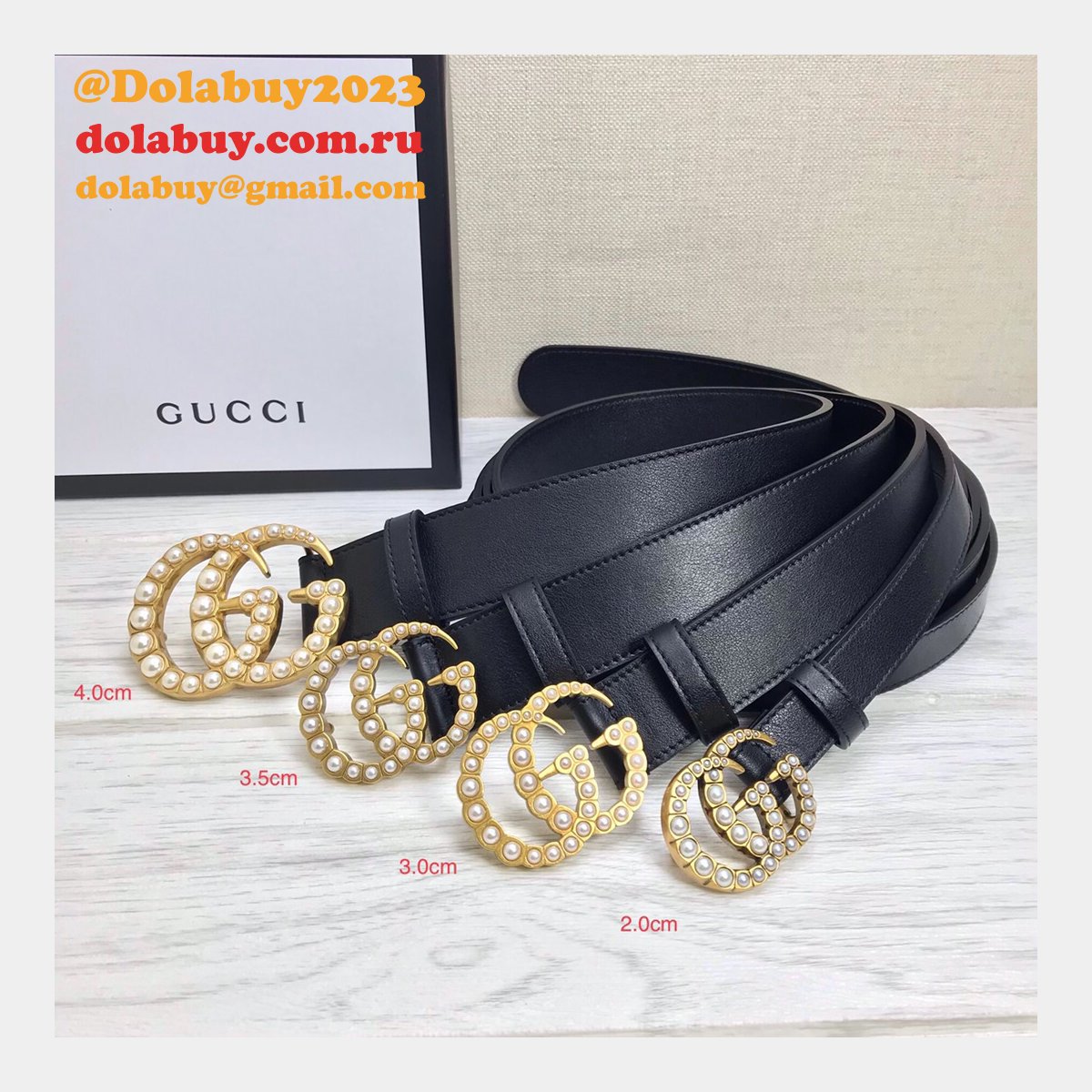 G*u*i replica leather belt with pearl buckle