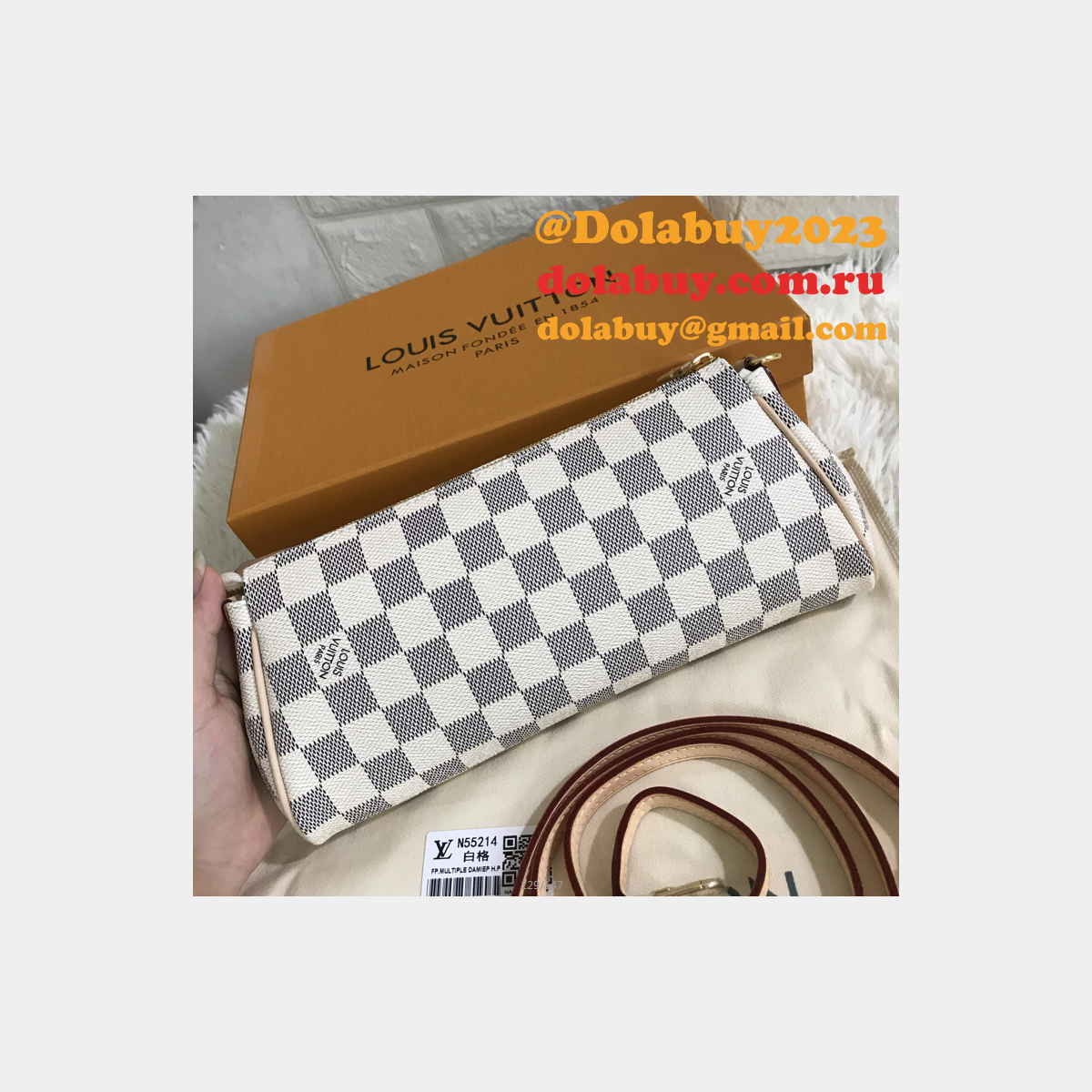 Louis Vuitton Pochette Eva White Damier Azur Canvas Cross Body Luxury N55214 Bag