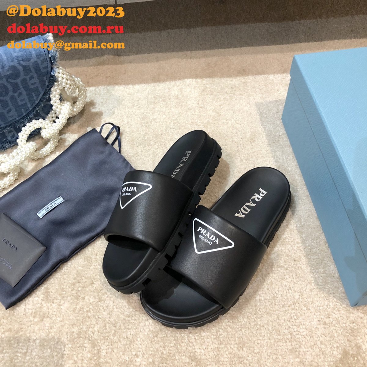 Replica Prada Black And White Leather slides