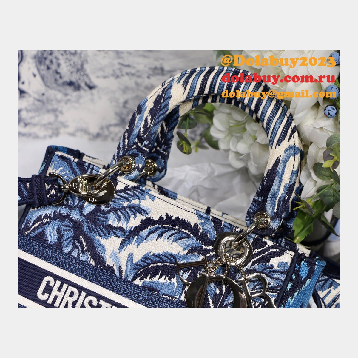 Blue Top QualityLady Dior 24cm Palms Embroidery Lady D-Lite Bags