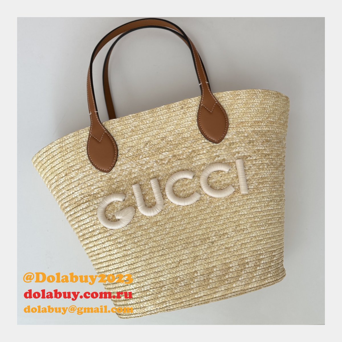 Fashion Medium Straw Tote With Gucci Patch 779530 Fake Bag