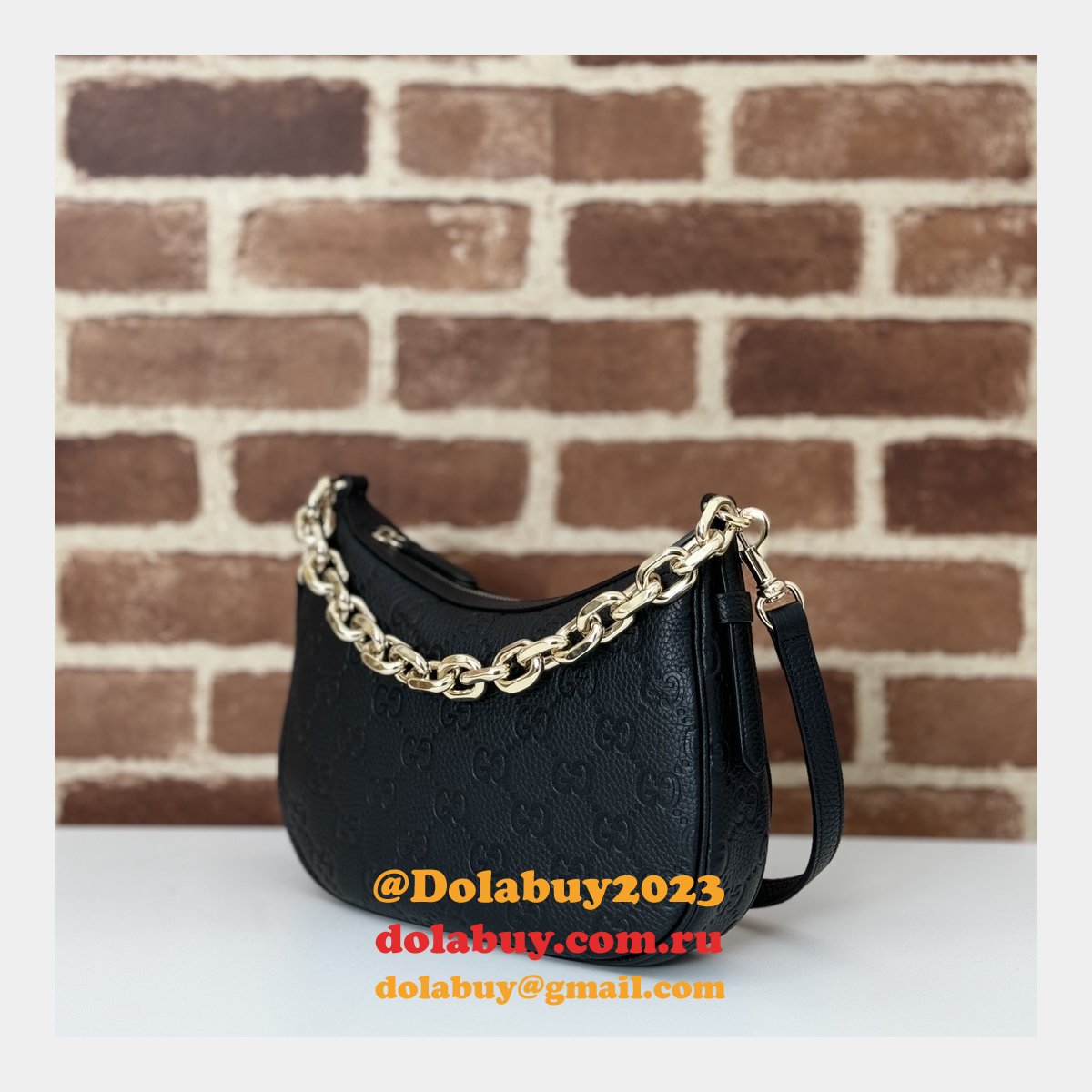 Gucci 815409 Black GG Emblem Small Shoulder Chain Knockoff Bag
