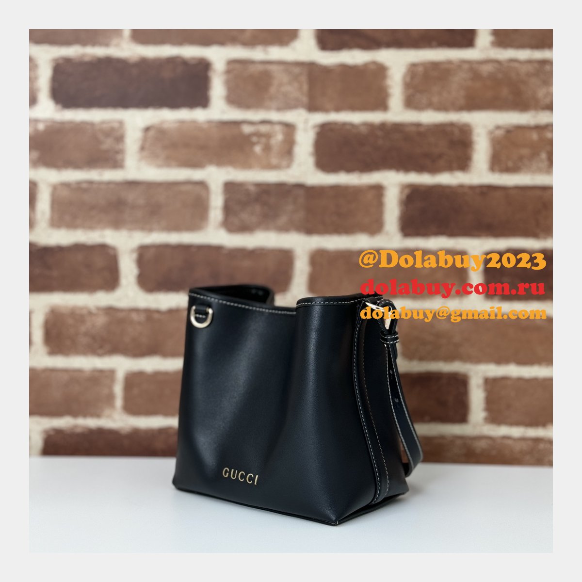 Designer 815118 Fake GG Emblem Gucci 1:1 Mirror Bucket Black Bag