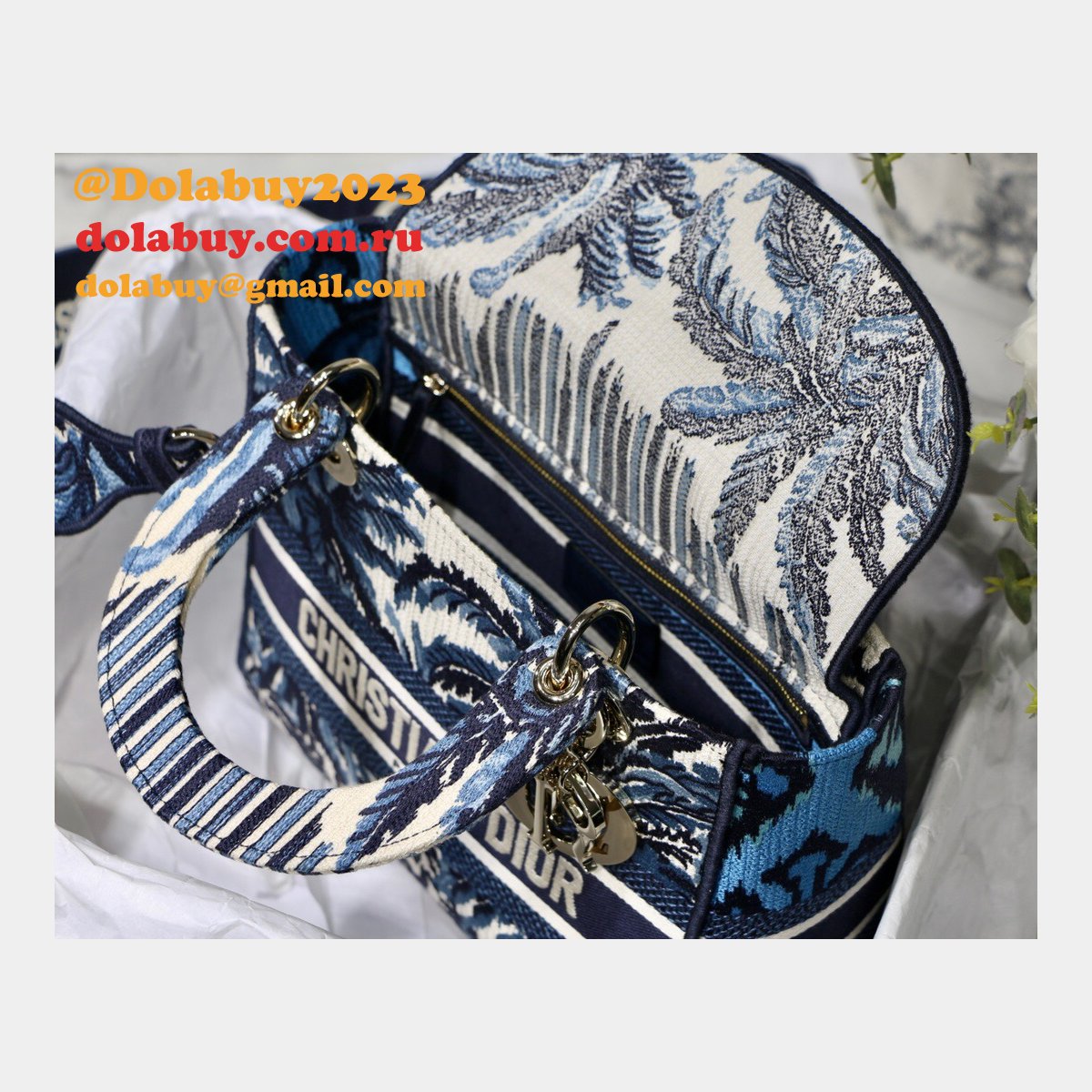 Blue Top QualityLady Dior 24cm Palms Embroidery Lady D-Lite Bags