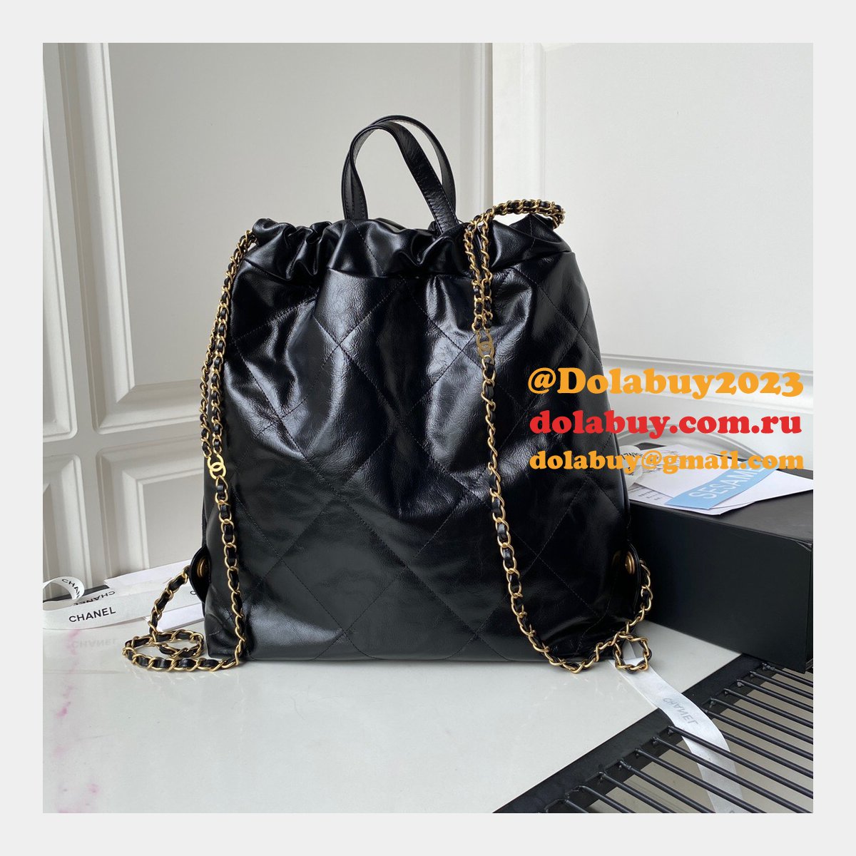 Designer 22 Replica Backpack Shiny Calfskin AS3313 Gold-Tone Metal