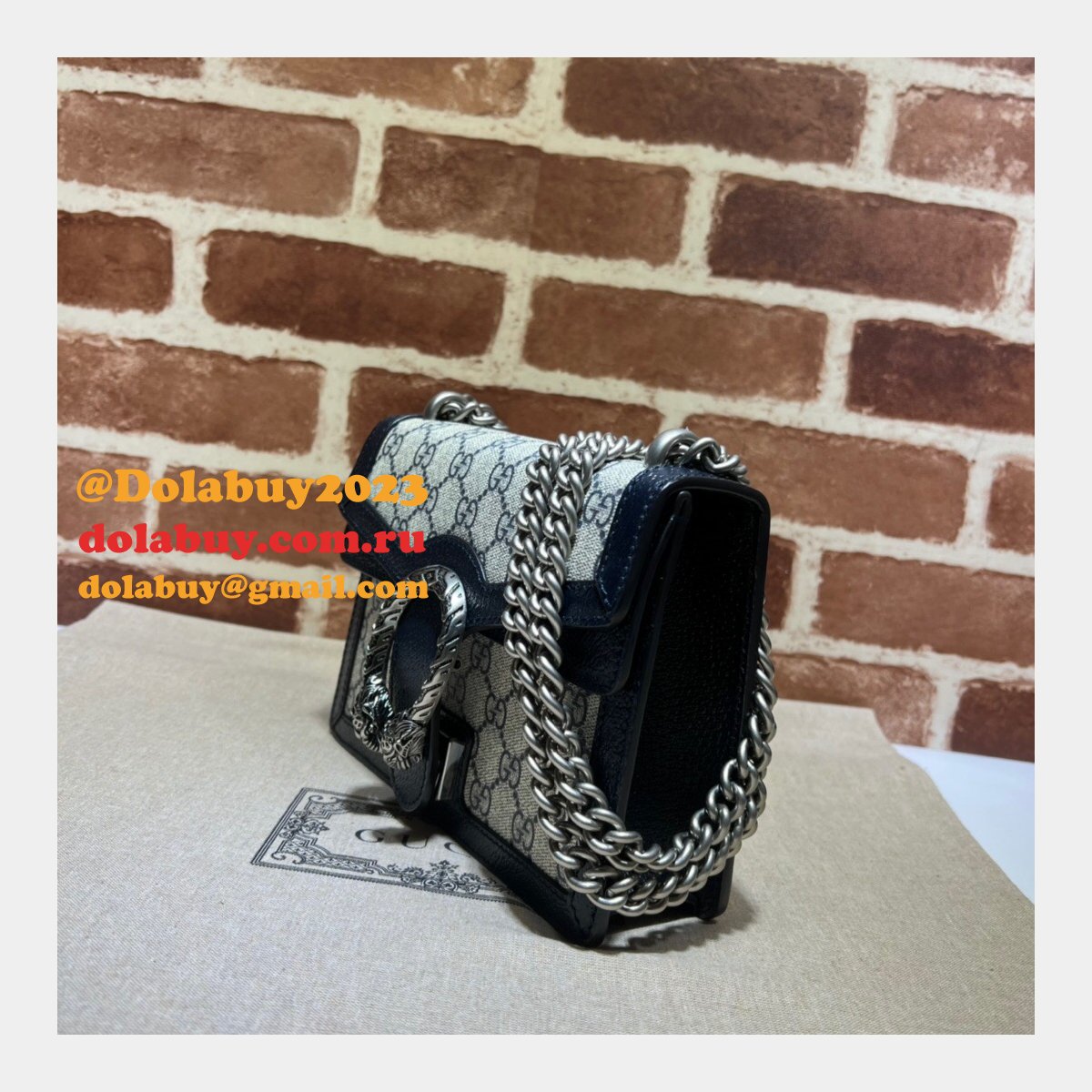 Gucci Fake 421970 GG Supreme Dionysus Mini Bag With dark blue Leather For Sale