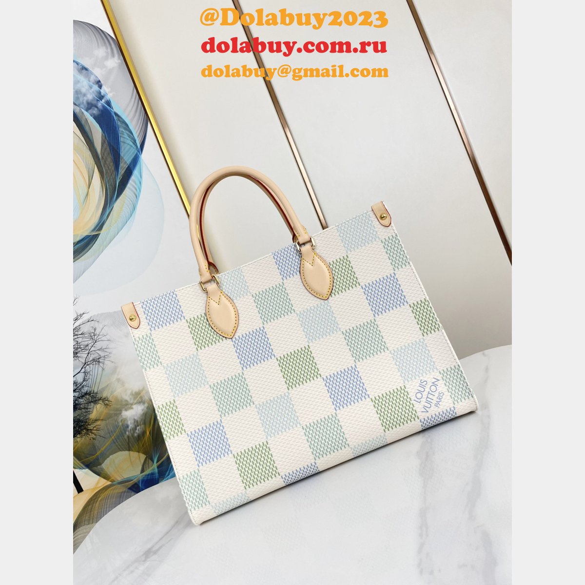 New Louis Vuitton On the Go N40518 Blue Pastel Damier Tote Knockoff Bag